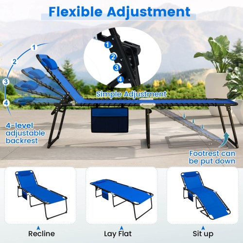 Chaise longue pliante surdimensionnée 2 PCS de Costway avec dossier ajustable, pochette d'oreiller bleu marine