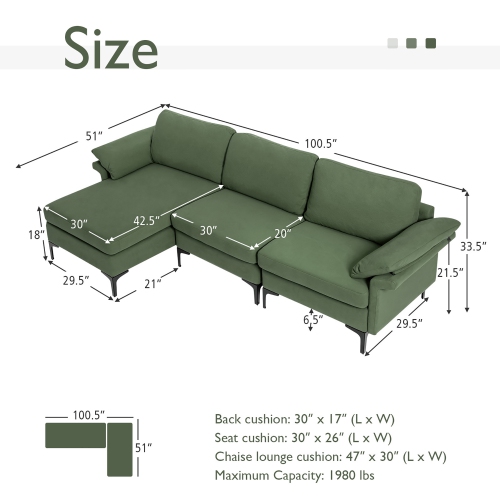 Sofa modulaire moderne en L USB de Costway avec chaise réversible et 2 ports USB verts