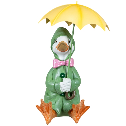 Sitting Duck in Raincoat and Umbrella Outdoor Garden Statue - 10.5"
