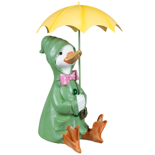 Sitting Duck in Raincoat and Umbrella Outdoor Garden Statue - 10.5"