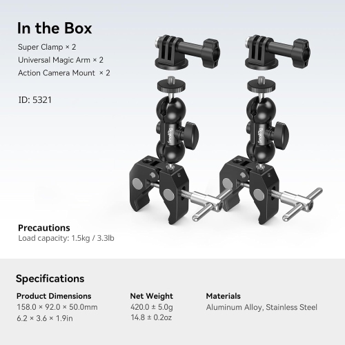 SMALLRIG Super Camera Clamp Mount 2-Pack, Double Ball Head Magic Arm Adapter, Fence/Desk/Tripod Mount for Monitor/Light/Camera, for Insta360, for