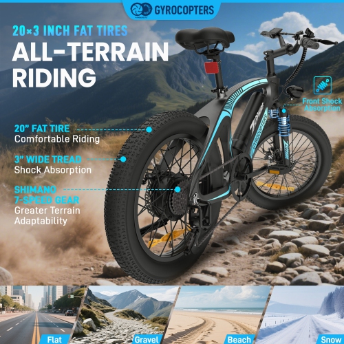 Buy 1 Get 1 Free Gyrocopters Zapphire Fat Tire E-Bikes for Adults – 500W, 20x3” Tires, Speed upto 32km/h, Long Range upto 91Km SHIMANO 7-Speed,