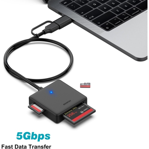 Memory Card Reader, BENFEI 4in1 USB 3.0 and USB-C to SD Micro SD MS CF Card Reader Adapter, 4 Cards Simultaneously Read and Write, Compatible with