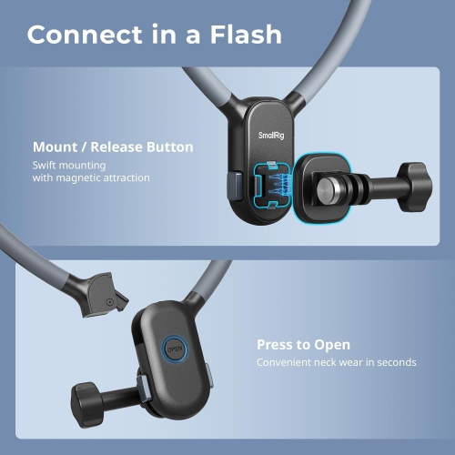 SmallRig Magnetic Neck Mount for Action Camera, Quick Release One-Click Button & Ergonomic Design, for GoPro Hero 12/11/10/9, for DJI Action 4/5, for