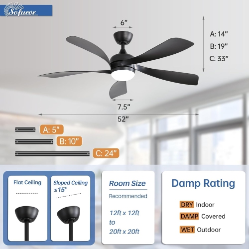 Black 52 Inch Modern Low Profile Ceiling Fans With Lights and Remote Control & Reversible Blades & Dimmable LED Light
