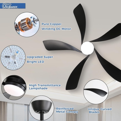 Black 52 Inch Modern Low Profile Ceiling Fans With Lights and Remote Control & Reversible Blades & Dimmable LED Light