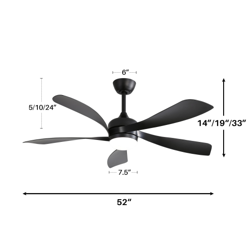 Black 52 Inch Modern Low Profile Ceiling Fans With Lights and Remote Control & Reversible Blades & Dimmable LED Light