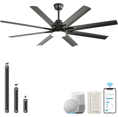 Très grand ventilateur de plafond intelligent de 66&nbsp;po et APPLICATION D'éclairage Télécommande à 8 pales Ventilateur de plafond moderne à 8 bras