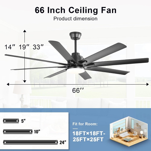 Très grand ventilateur de plafond intelligent de 66&nbsp;po et APPLICATION D'éclairage Télécommande à 8 pales Ventilateur de plafond moderne à 8 bras
