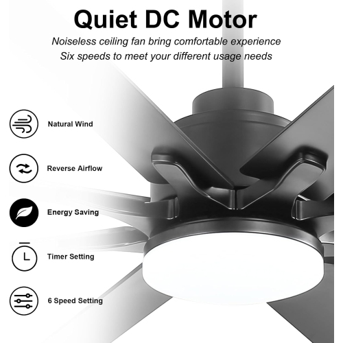 Très grand ventilateur de plafond intelligent de 66&nbsp;po et APPLICATION D'éclairage Télécommande à 8 pales Ventilateur de plafond moderne à 8 bras