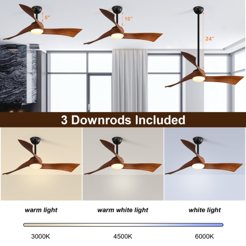 Farmhouse Ceiling Fans with Lights and Remote Large 52 Inch High CFM Ceiling Fan With Waved Solid Wood Blades