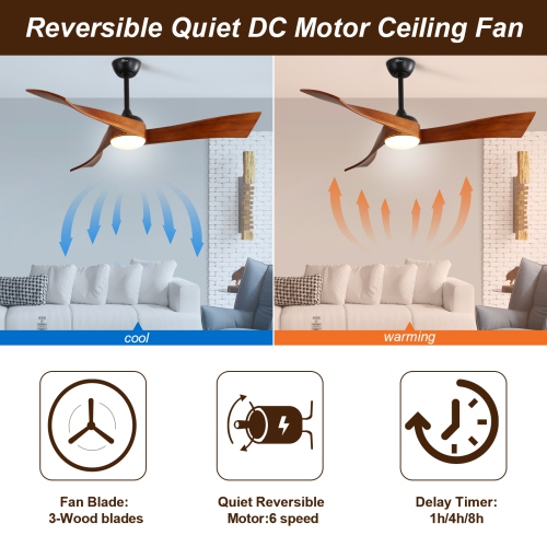 Farmhouse Ceiling Fans with Lights and Remote Large 52 Inch High CFM Ceiling Fan With Waved Solid Wood Blades