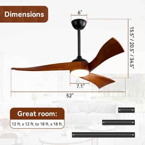 Farmhouse Ceiling Fans with Lights and Remote Large 52 Inch High CFM Ceiling Fan With Waved Solid Wood Blades