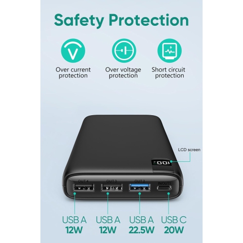 Power Bank 26800mAh Portable Charger, 22.5W Fast Charging Battery Pack PD 3.0 USB C Input & Output with LED Display 4 Outputs for iPhone, Samsung,