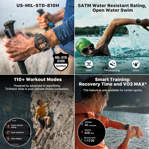 TicWatch Atlas Smartwatch for Men Android Wear OS Smart Watch Outdoor 90 Hrs Battery 110+ Workout Modes Heat Map Fall Detection Health Fitness