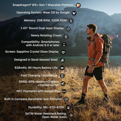 TicWatch Atlas Smartwatch for Men Android Wear OS Smart Watch Outdoor 90 Hrs Battery 110+ Workout Modes Heat Map Fall Detection Health Fitness