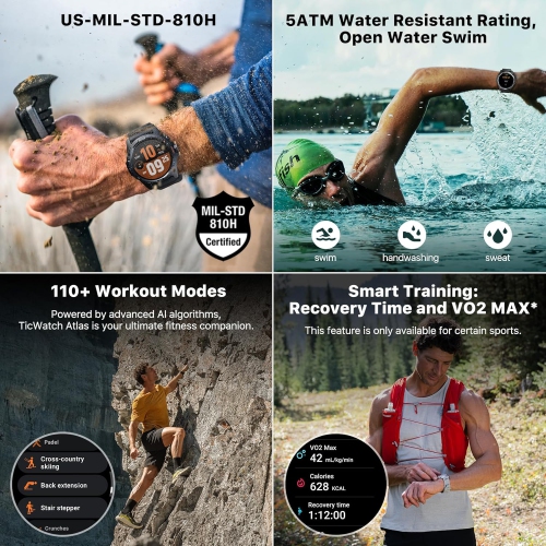 TicWatch Atlas Smartwatch for Men Android Wear OS Smart Watch Outdoor 90 Hrs Battery 110+ Workout Modes Heat Map Fall Detection Health Fitness