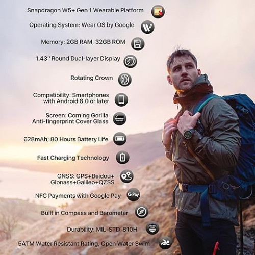 Ticwatch Pro 5 Android Smartwatch for Men Snapdragon W5+ Gen 1 Wear OS Smart Watch 80 Hrs Long Battery Life Health Fitness Tracking 5ATM Water