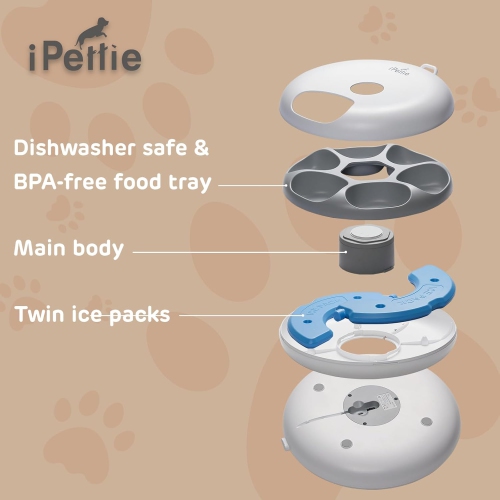 iPettie Donuts Frost Cordless 6-Meal Automatic Cat Feeder with Ice Packs, Timer & Rechargeable Battery for Wet & Dry Food