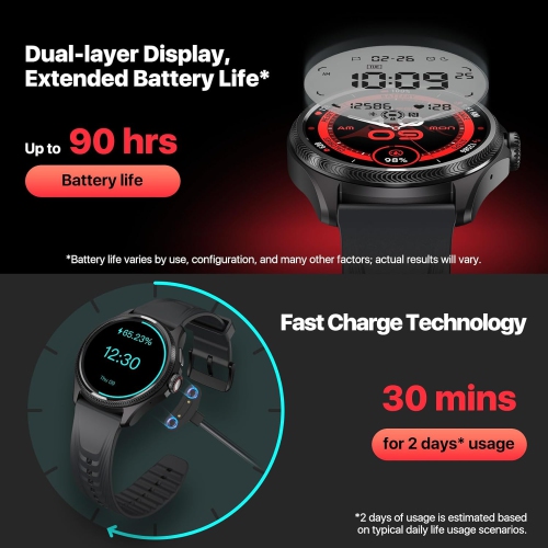 TicWatch Pro 5 Enduro 1.43" Wear OS Smartwatch for Men – 90Hrs Battery, 110+ Workout Modes, GPS, 5ATM – Android Compatible Only – Obsidian –