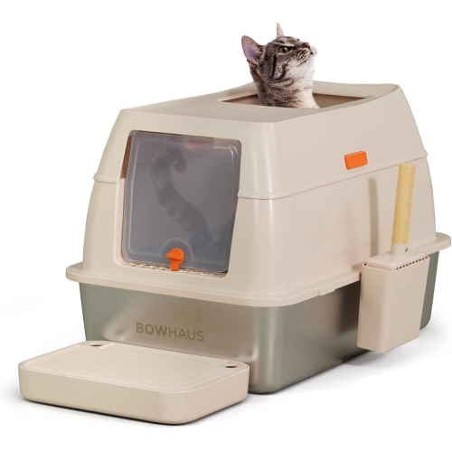 CAPHAUS XL 3 in 1 Enclosed Stainless Steel Cat Litter Box w/Lid, Extra Large High Sided Metal Cat Litter Pan, High Sided Steel Litter Box w/Scoop