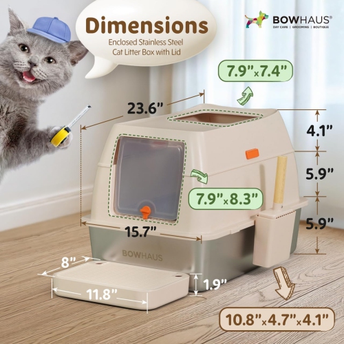 CAPHAUS XL 3 in 1 Enclosed Stainless Steel Cat Litter Box w/Lid, Extra Large High Sided Metal Cat Litter Pan, High Sided Steel Litter Box w/Scoop