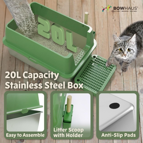 CAPHAUS XL 3 in 1 Enclosed Stainless Steel Cat Litter Box w/Lid, Extra Large High Sided Metal Cat Litter Pan, High Sided Steel Litter Box w/Scoop