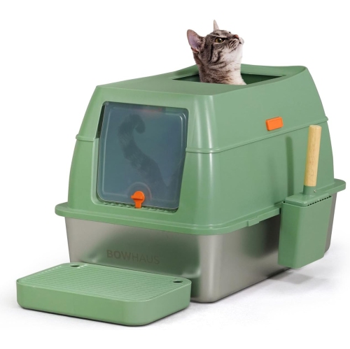 CAPHAUS XL 3 in 1 Enclosed Stainless Steel Cat Litter Box w/Lid, Extra Large High Sided Metal Cat Litter Pan, High Sided Steel Litter Box w/Scoop