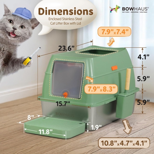 CAPHAUS XL 3 in 1 Enclosed Stainless Steel Cat Litter Box w/Lid, Extra Large High Sided Metal Cat Litter Pan, High Sided Steel Litter Box w/Scoop