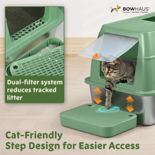 CAPHAUS XL 3 in 1 Enclosed Stainless Steel Cat Litter Box w/Lid, Extra Large High Sided Metal Cat Litter Pan, High Sided Steel Litter Box w/Scoop