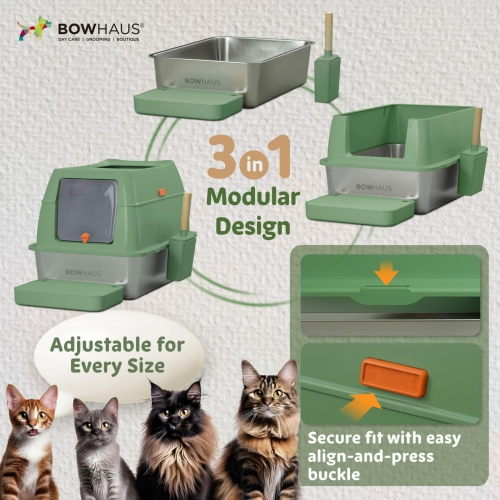 CAPHAUS XL 3 in 1 Enclosed Stainless Steel Cat Litter Box w/Lid, Extra Large High Sided Metal Cat Litter Pan, High Sided Steel Litter Box w/Scoop