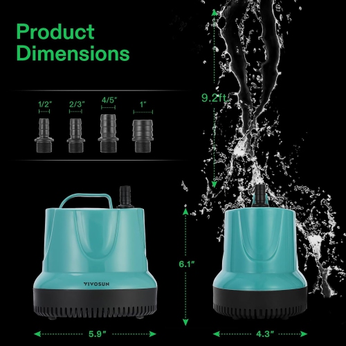 VIVOSUN 850GPH 60W Submersible Pump for Fish Tank, Pond, Aquarium, Hydroponic Systems with 5ft Power Cord and 4 Nozzles Blue