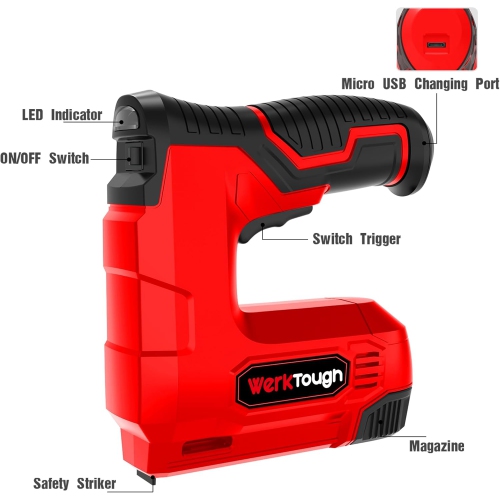 Powertough 4V Cordless Staple Gun/Brad Nailer Upholstery Staple Gun Heavy Duty 2 in 1 USB Without Charger Cable 2000pcs Staples and Brad Nails