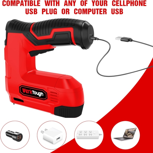 Powertough 4V Cordless Staple Gun/Brad Nailer Upholstery Staple Gun Heavy Duty 2 in 1 USB Without Charger Cable 2000pcs Staples and Brad Nails