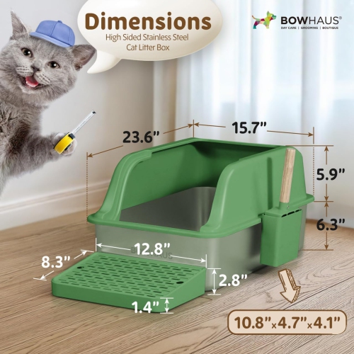 CAPHAUS XL Enclosed Stainless Steel Cat Litter Box with Lid, Extra Large High Sided Metal Cat Litter Pan w/Scoop