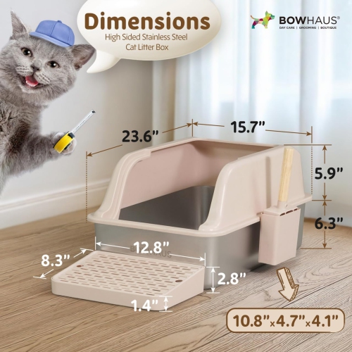 CAPHAUS XL Enclosed Stainless Steel Cat Litter Box with Lid, Extra Large High Sided Metal Cat Litter Pan w/Scoop