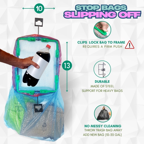 BagEZ Small Hanging Steel Trash Bag Holder, 10 x 13 Inch, Fits 10–33 Gallon Bags, Portable Frame for Indoor & Outdoor Waste and Storage