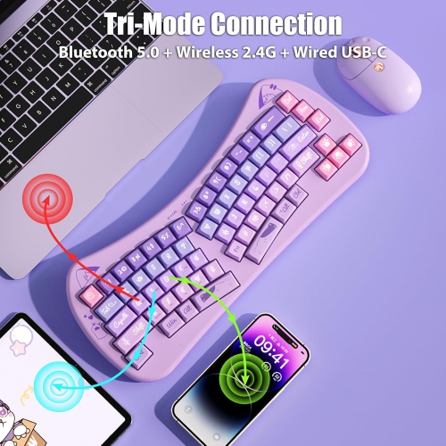 Bow-shaped ergonomic keyboard, cute cat Alice keyboard, dual-mode wireless 2.4G Bluetooth 5.0, rechargeable, compact, 68-key multi-device
