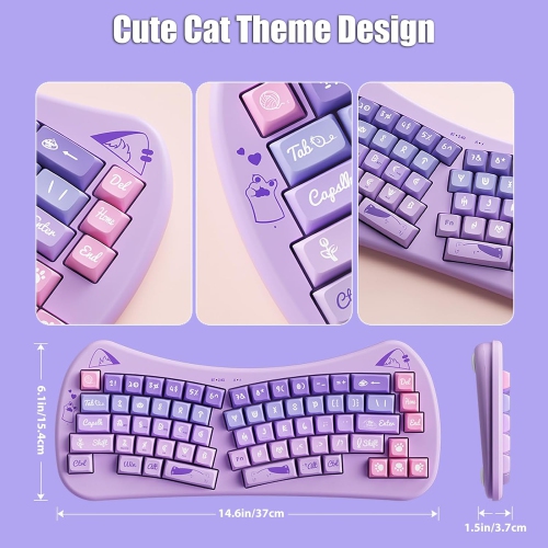 Bow-shaped ergonomic keyboard, cute cat Alice keyboard, dual-mode wireless 2.4G Bluetooth 5.0, rechargeable, compact, 68-key multi-device