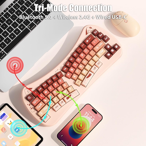 Bow-shaped ergonomic keyboard, cute cat Alice keyboard, dual-mode wireless 2.4G Bluetooth 5.0, rechargeable, compact, 68-key multi-device