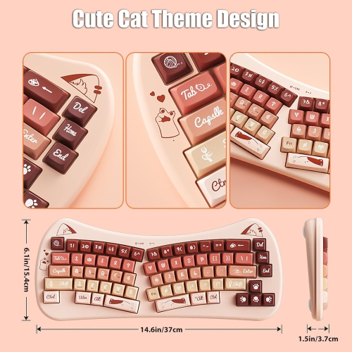 Bow-shaped ergonomic keyboard, cute cat Alice keyboard, dual-mode wireless 2.4G Bluetooth 5.0, rechargeable, compact, 68-key multi-device
