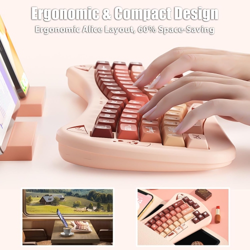 Bow-shaped ergonomic keyboard, cute cat Alice keyboard, dual-mode wireless 2.4G Bluetooth 5.0, rechargeable, compact, 68-key multi-device