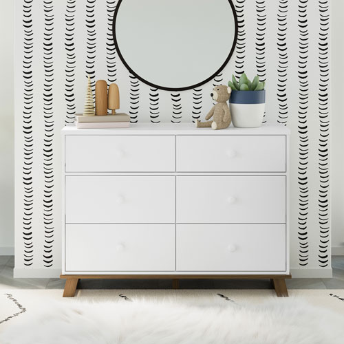 Commode moderne à 6 tiroirs pour enfants de Storkcraft - Blanc avec bois flotté rétro
