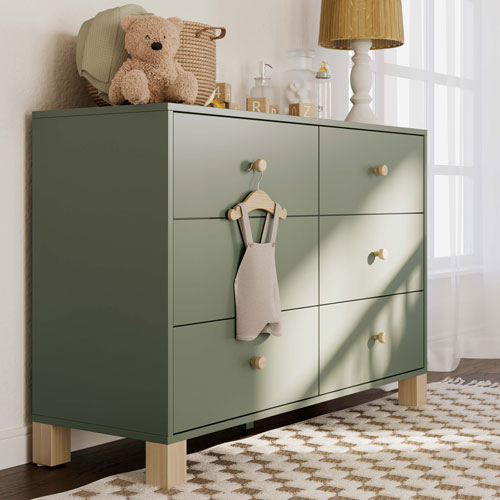 Commode à 6 tiroirs pour enfants California de Storkcraft - Olive avec bois flotté