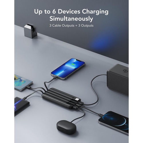 Chargeur portable - 10000 mAh avec écran LCD et câbles intégrés - 6 sorties, 3 entrées, chargeur portable à chargement rapide 3 A pour