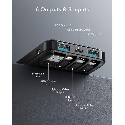 Chargeur portable - 10000 mAh avec écran LCD et câbles intégrés - 6 sorties, 3 entrées, chargeur portable à chargement rapide 3 A pour