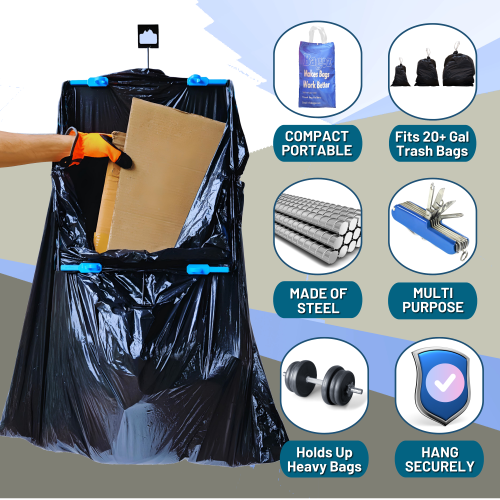 BagEZ Large Hanging Steel Garbage Bag Holder, 16 x 17 Inch, Fits 20–96 Gallon Bags, Portable Frame for Waste, Yard Work, and Storage