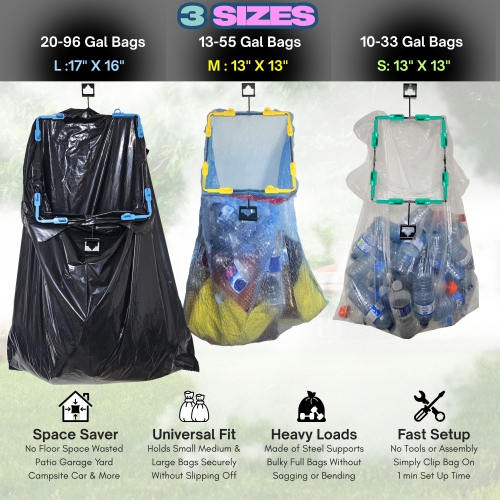 BagEZ Large Hanging Steel Garbage Bag Holder, 16 x 17 Inch, Fits 20–96 Gallon Bags, Portable Frame for Waste, Yard Work, and Storage