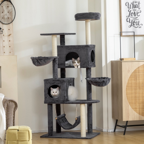 PawHut – Arbre pour chat, grande tour pour chat de 66&nbsp;po avec 2 portes, 3 grands hamacs, perchaude en peluche, poteaux à gratter en sisal,