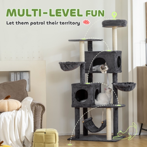 PawHut – Arbre pour chat, grande tour pour chat de 66&nbsp;po avec 2 portes, 3 grands hamacs, perchaude en peluche, poteaux à gratter en sisal,